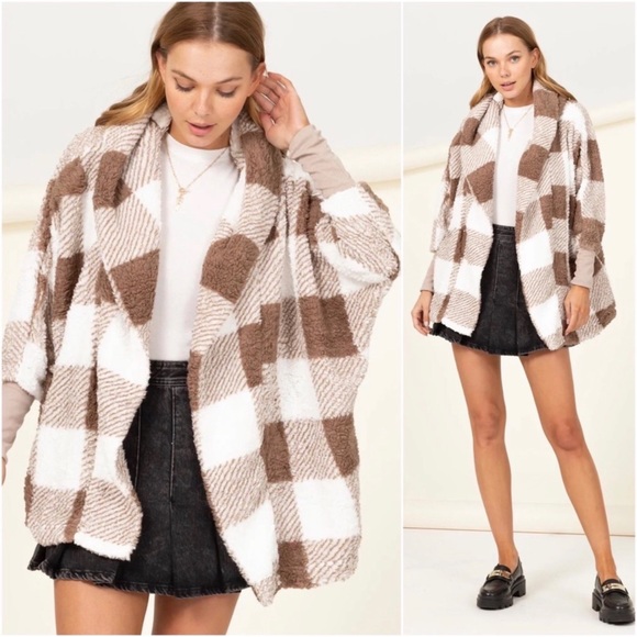 Blossom Boutique Jackets & Blazers - 1 LEFT! Taupe Ivory Plaid Ultra Comfy Teddy Sherpa Open Cardigan Hooded Coat